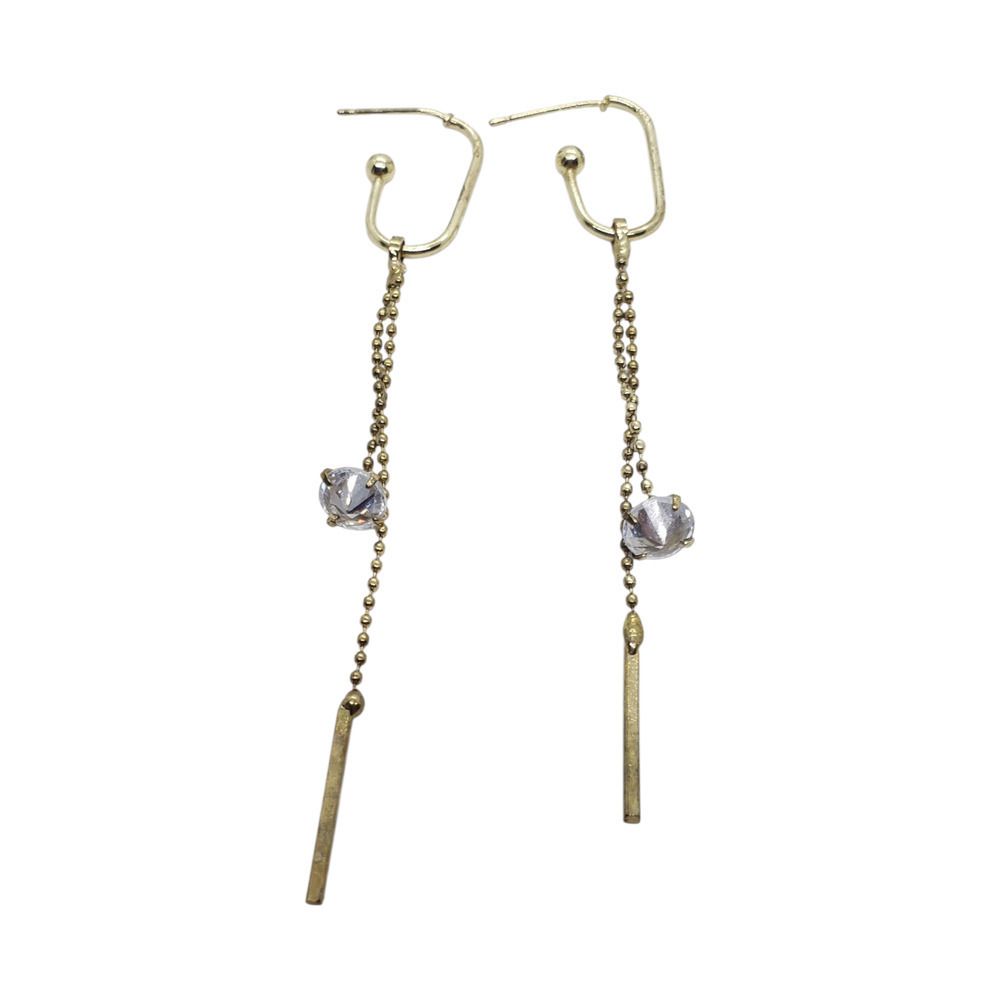 Gold Tone Drop Chain Earrings Crystal Bead Dangle Minimalist Modern Jewelry - Picture 2 of 9